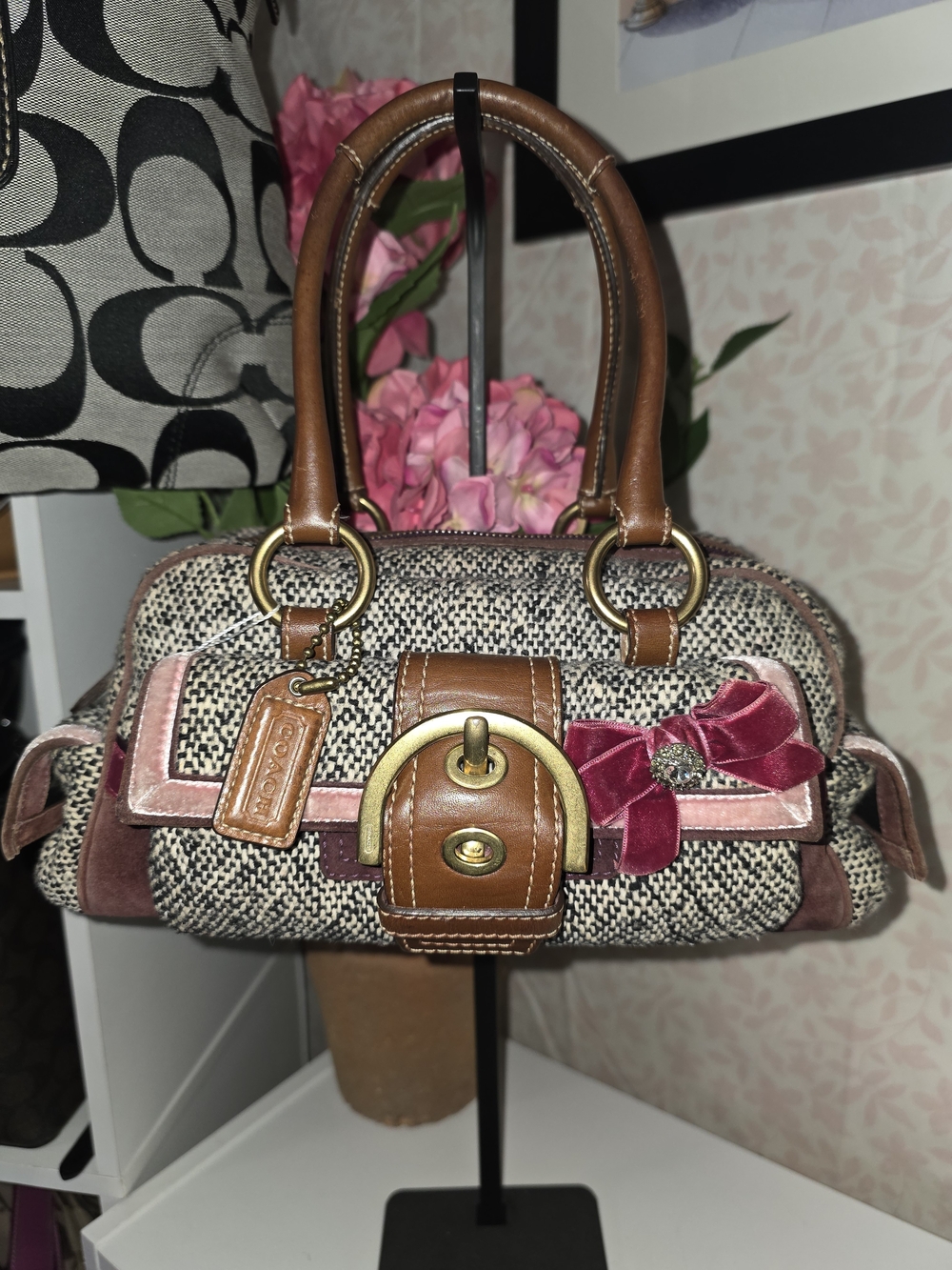 Coach Signature Tweed Satchel with Brown Leather Trim and Pink Velvet Accent